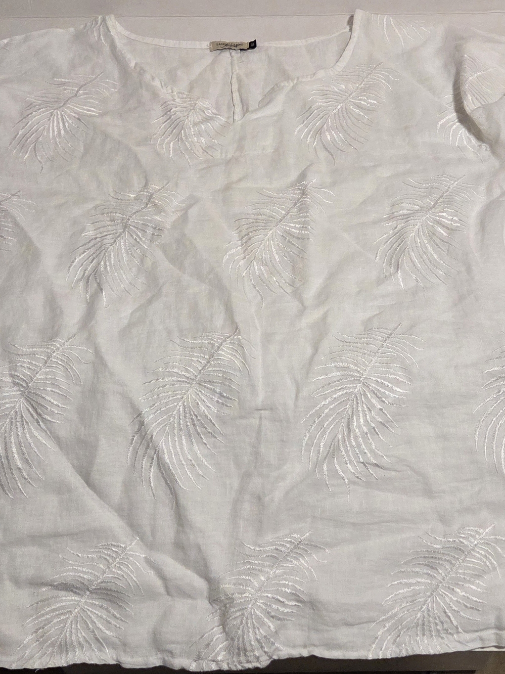 Lungo L'Arno Italian Linen Blend White Embroidered Leaf Top 1X NWT